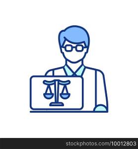 Jurist RGB color icon. Providing legal assistance to client. Law expert. Jurisprudence practice. Lawyer, judge. Public secretary. Notarius. Specialist legal scholar. Isolated vector illustration. Jurist RGB color icon