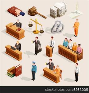 Jury Court Elements Collection. Law icon isometric set of isolated public justice symbols balance gavel wristbands judge and jury characters vector illustration