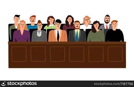 Jury in court trial vector illustration. People in judging process, sittingin jury box, isolated on white background. Jury in court trial