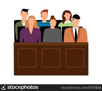 Jury trial. Jurors court in courtroom, prosecution people vector illustration in cartoon style. Jury trial. Jurors court in courtroom, prosecution people vector illustration