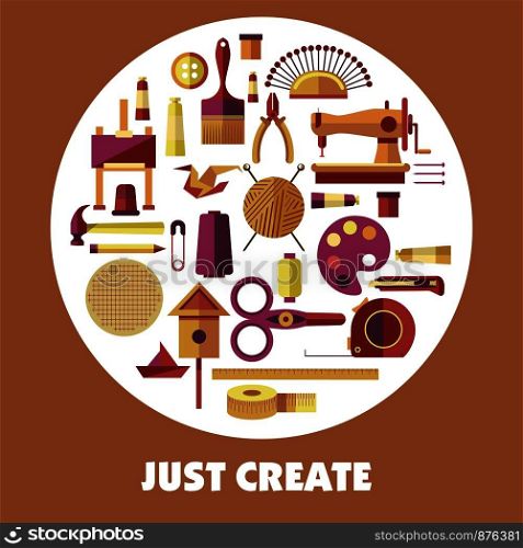 Just create poster for handicraft and art hobby workshop. Vector tools and items for painting, knitting or sewing and woodwork construction classes or art design studio. Handicraft art hobby vector poster