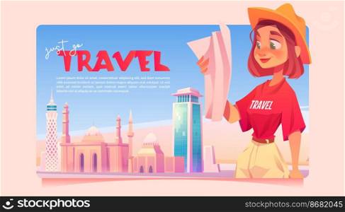 Just go travel cartoon banner. Tourist girl learning map on cityscape background with modern and antique buildings, towers and mosque. Traveler woman hiking adventure, journey vector illustration. Just go travel cartoon banner, girl learning map