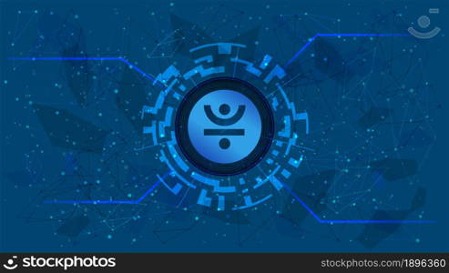JUST JST token symbol of the DeFi project in a digital circle with a cryptocurrency theme on a blue background. Cryptocurrency icon. Decentralized finance programs. Copy space. Vector EPS10.