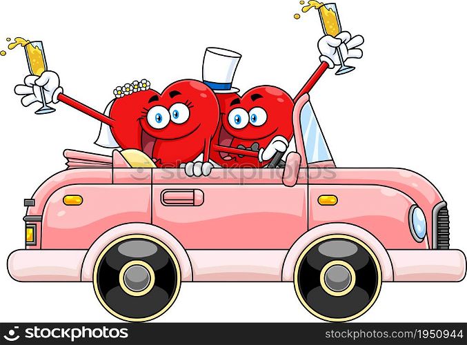 Just Married Hearts Cartoon Characters In Car. Vector Hand Drawn Illustration Isolated On White Background