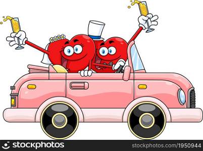 Just Married Hearts Cartoon Characters In Car. Vector Hand Drawn Illustration Isolated On White Background