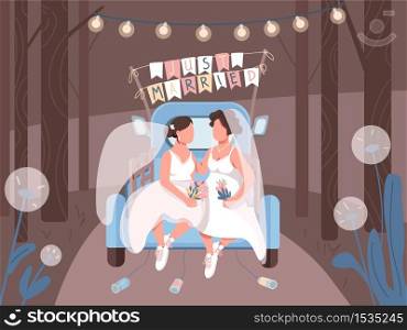 Just married lesbian couple in car flat color vector illustration. Young happy LGBTQ family first adventure. Wives honeymoon trip. 2D cartoon characters with vehicle and forest on background. Just married lesbian couple in car flat color vector illustration