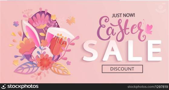 Just now Easter sale flyer, banner, card with papercut egg, beautiful flowers and rabbits ears. Big discounts on holidays. Poster, placard.Template for your design. Vector illustration.. Happy easter greeting card.