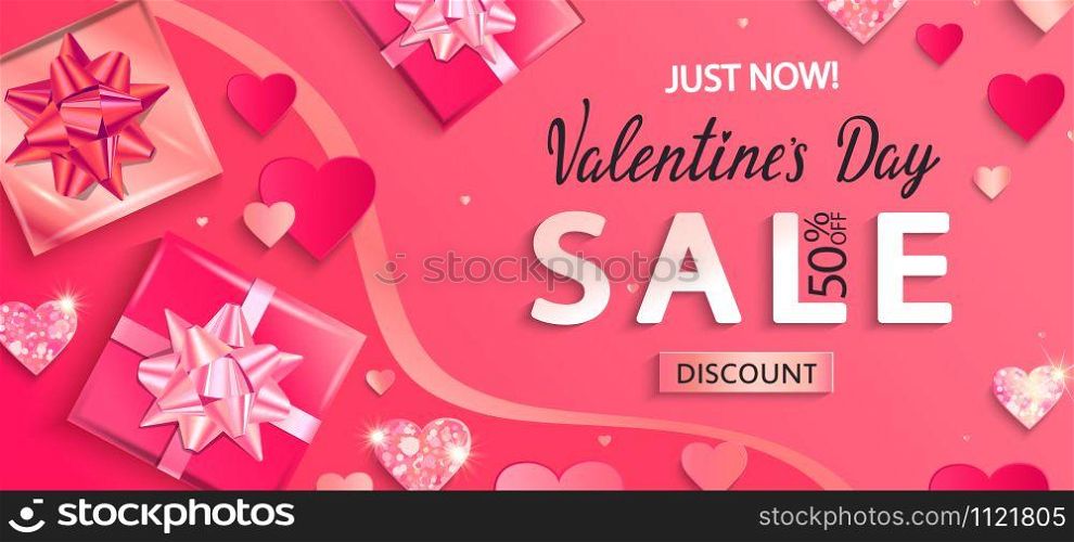 Just now sale banner for Valentines day clearance. Only now 50 percent discounts.Poster with glitters, shiny hearts, gifts,shimer.Template for flyer, invitation for february 14.Vector illustration.. Just now sale banner for Valentines day discounts.