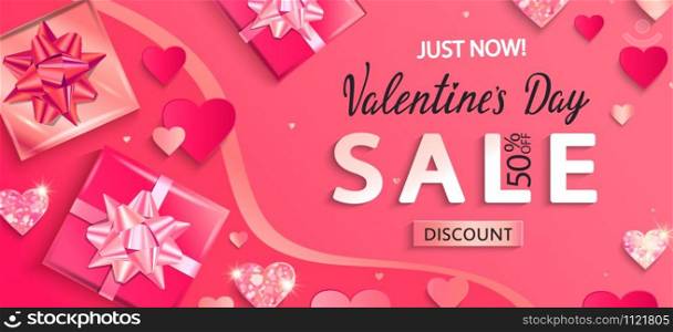 Just now sale banner for Valentines day clearance. Only now 50 percent discounts.Poster with glitters, shiny hearts, gifts,shimer.Template for flyer, invitation for february 14.Vector illustration.. Just now sale banner for Valentines day discounts.