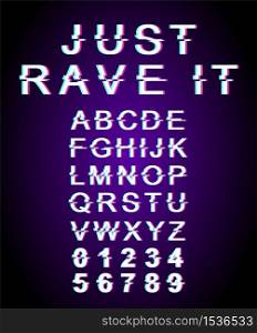 Just rave it font template. Retro futuristic style vector alphabet set on violet background. Capital letters, numbers and symbols. DJ modern party typeface design with distortion effect. Just rave it font template