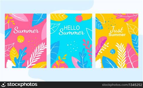 Just Summer. Hello Summer Floral Banner Set. Colorful Abstract Flowers Leaves Background. Botanical Design Flat Style for Invitation, Greeting Card, Holiday Backdrop Vector Illustration.. Hello Summer Floral Banner Set Abstract Flowers