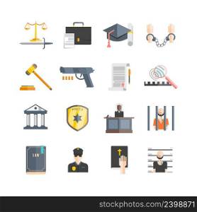 Justice and law enforcement icons set with prison and court flat isolated vector illustration . Justice Icons Set
