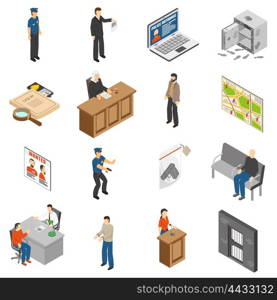 Justice And Law Isometric Icons Set. Justice and law isometric icons set with policeman defendant judgment jail safe map interrogation isolated vector illustration