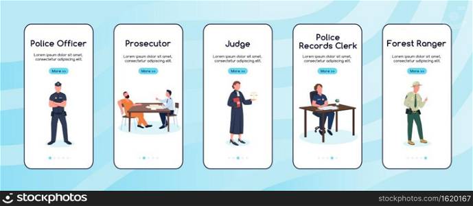 Justice and law workers onboarding mobile app screen flat vector template. Jobs which help people. Walkthrough website steps with characters. UX, UI, GUI smartphone cartoon interface, case prints set. Justice and law workers onboarding mobile app screen flat vector template