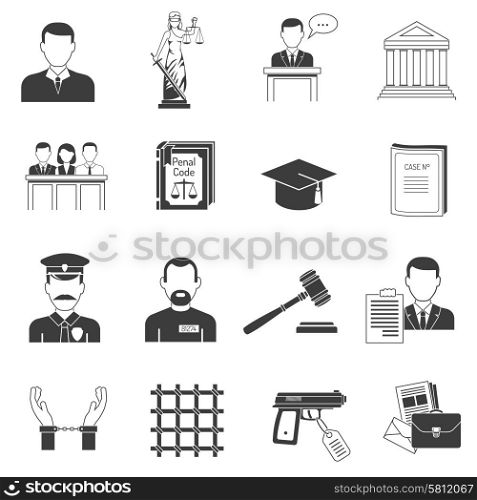 Justice black icons set . Legal justice verbal process black icons set with jury penal and handcuffed convict abstract isolated vector illustration
