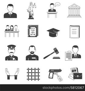 Justice black icons set . Legal justice verbal process black icons set with jury penal and handcuffed convict abstract isolated vector illustration