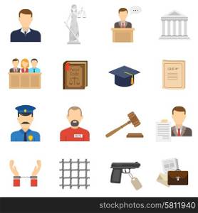 Justice flat icons set . Criminal case proceeding flat icons set with lady justice and giving evidence witness abstract isolated vector illustration