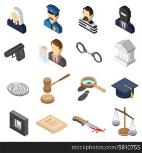 Justice Isometric Color Icon Set . Heist robbers and police court lawyer and justice 3d isometric color icon set isolated vector illustration