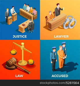 Justice Isometric Design Concept. Law isometric design concept compositions of judge jury lawyer and accused human characters during legal trial vector illustration