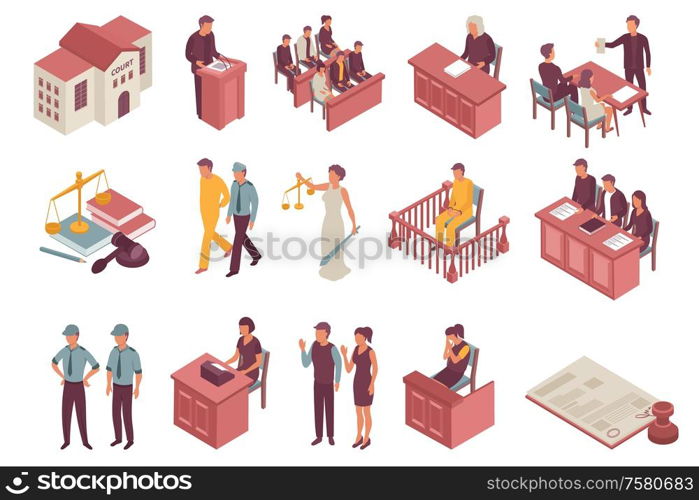 Justice isometric icons set of jury defendant advocate witness policemen spectators characters isolated vector illustration