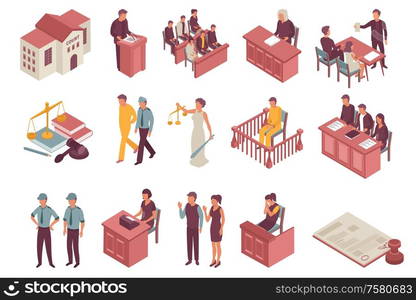 Justice isometric icons set of jury defendant advocate witness policemen spectators characters isolated vector illustration