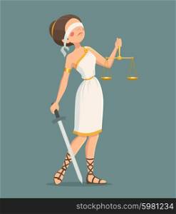 Justice Lady Illustration. Blindfolded Greek justice lady with sword and scales cartoon vector illustration