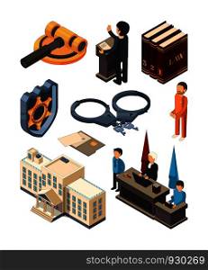 Justice legal isometric. Law hammer books judge lawyer criminal court and other 3d vector symbols isolated. Lawyer and hammer, court and judge illustration. Justice legal isometric. Law hammer books judge lawyer criminal court and other 3d vector symbols isolated