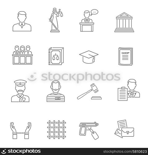 Justice Outline Icon Set . Heist robbers safety and police court lawyer and justice flat outline icon set isolated vector illustration