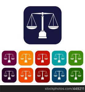 Justice scale icons set vector illustration in flat style In colors red, blue, green and other. Justice scale icons set flat