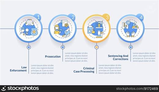Justice system blue circle infographic template. Public safety. Data visualization with 4 steps. Editable timeline info chart. Workflow layout with line icons. Lato-Bold, Regular fonts used. Justice system blue circle infographic template
