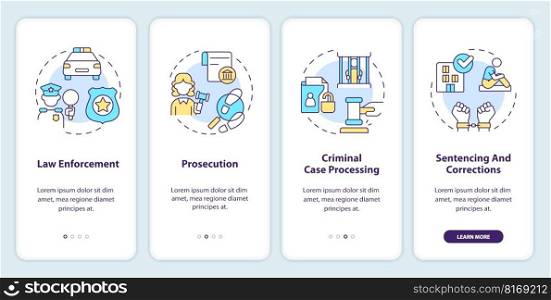 Justice system onboarding mobile app screen. Public safety. Walkthrough 4 steps editable graphic instructions with linear concepts. UI, UX, GUI template. Myriad Pro-Bold, Regular fonts used. Justice system onboarding mobile app screen