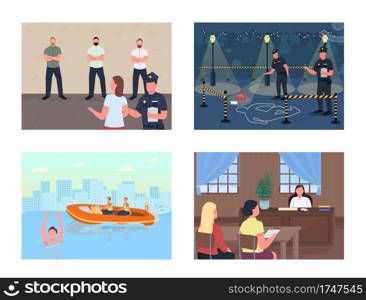 Justice workers departments flat color vector illustration set. Helping people to stay safe. Police officers investigating crime 2D cartoon characters with big city buildings on background. Justice workers departments flat color vector illustration set