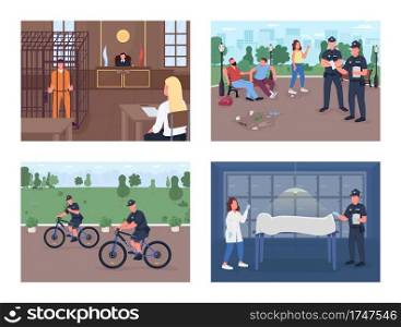 Justice workers departments flat color vector illustration set. Keeping people from dangerous criminals. Police officers investigating crime 2D cartoon characters with big city buildings on background. Justice workers departments flat color vector illustration set