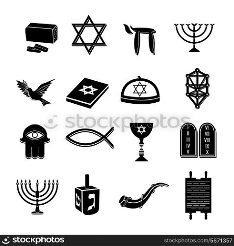Juwish church traditional religious symbols black icons set isolated vector illustration