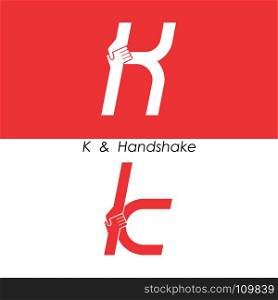 K - Letter abstract icon & hands logo design vector template.Teamwork and Partnership concept.Business offer and Deal symbol.Vector illustration