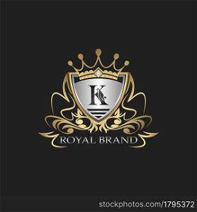 K Letter Gold Shield Logo. Elegant vector logo badge template with alphabet letter on shield frame ornate vector design.