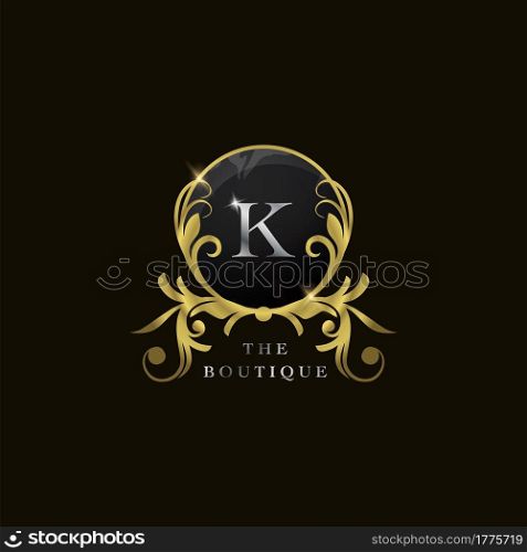 K Letter Golden Circle Shield Luxury Boutique Logo, vector design concept for initial, luxury business, hotel, wedding service, boutique, decoration and more brands.