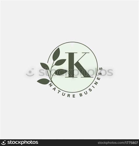 K Letter Logo Circle Nature Leaf, vector logo design concept botanical floral leaf with initial letter logo icon for nature business.
