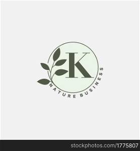 K Letter Logo Circle Nature Leaf, vector logo design concept botanical floral leaf with initial letter logo icon for nature business.