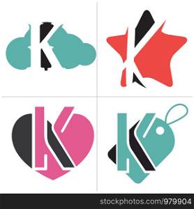 K letter logo design. Letter k in sky, star, heart, sale/discount shape vector illustration