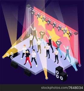 K pop music boys group singing and dancing on outdoor stage isometric background vector illustration
