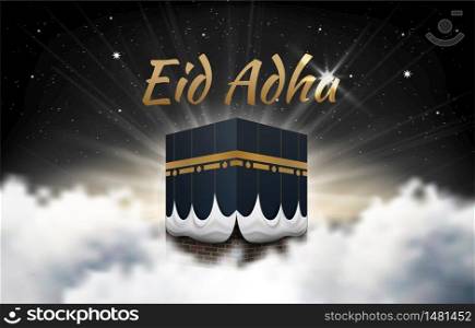 Kaaba vector for hajj mabroor in Mecca Saudi Arabia, mean ( pilgrimage steps from beginning to end - Arafat Mountain ) for Eid Adha Mubarak - Islamic background on sky and clouds