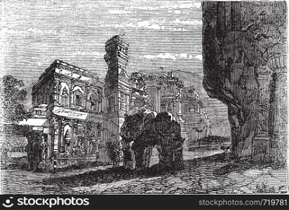 Kailash Temple in Ellora, Maharashtra, India, during the 1890s, vintage engraving. Old engraved illustration of Kailash Temple.