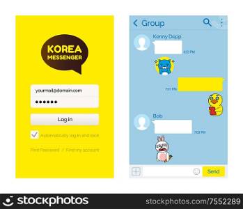 Kakaotalk messenger Korean application for users vector. Internet technology for people to speak, communication via internet smartphone mobile app. Kakaotalk Messenger Korean Application for Users