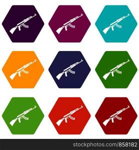 Kalashnikov machine icon set many color hexahedron isolated on white vector illustration. Kalashnikov machine icon set color hexahedron