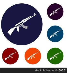 Kalashnikov machine icons set in flat circle reb, blue and green color for web. Kalashnikov machine icons set