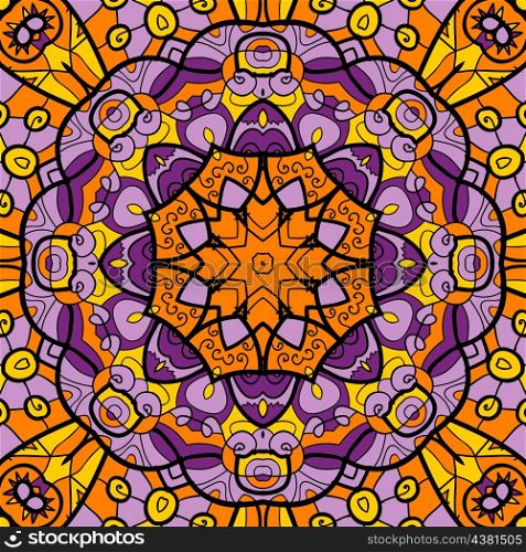 Kaleidoscopic Ornamental round seamless pattern with many details