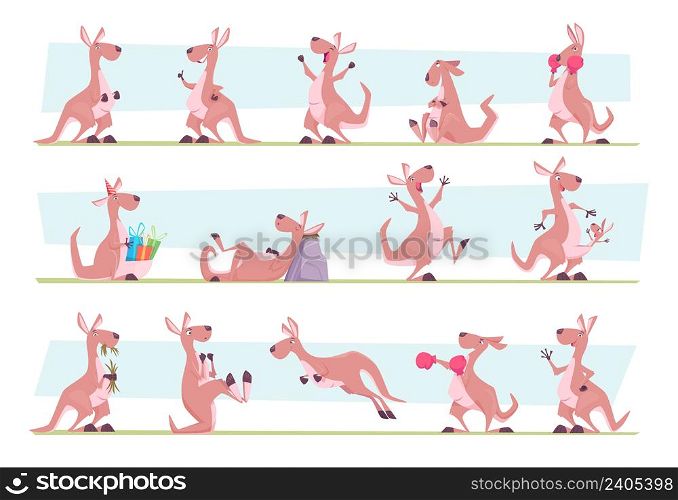 Kangaroo. Australia authentic animals jumping in wild flora exact vector animal character in various poses. Illustration of kangaroo animal characters. Kangaroo. Australia authentic animals jumping in wild flora exact vector animal character in various poses