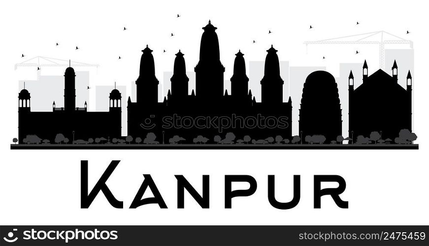 Kanpur City skyline black and white silhouette. Vector illustration. Simple flat concept for tourism presentation, banner, placard or web site. Business travel concept. Cityscape with landmarks