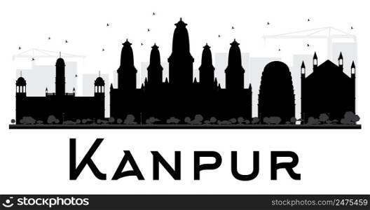 Kanpur City skyline black and white silhouette. Vector illustration. Simple flat concept for tourism presentation, banner, placard or web site. Business travel concept. Cityscape with landmarks
